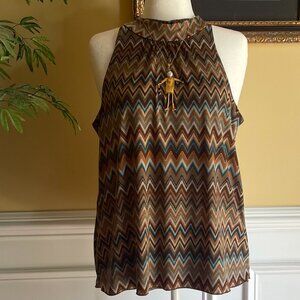 I.N. San Francisco Size L Women's Halter Top Brown Aqua Gold Chevron Print